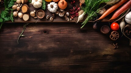 Obraz na płótnie Canvas Top view of Food cooking Rustic wooden table background, ingredients for preparation vegan dishes, vegetables, root, Generative Ai