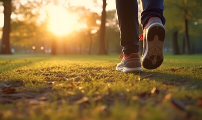 Person running in park at sunrise wearing running shoes. Cyclorama style with sharp focus and slide film. Inspirational and close up shot. Large canvas format.