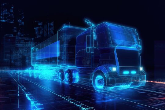 blue truck with a glowing trailer on the road in the dark cyber background. concept illustration. Generative AI