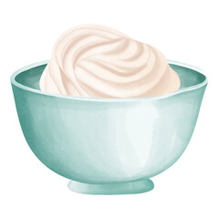 Watercolor whip cream in stainless bowl in cartoon style isolated on white background. Organic Bakery ingredient.