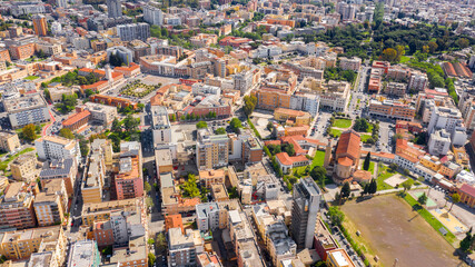 Obraz premium Aerial view of Piazza del Popolo and historical center of Latina, Italy. It is the main square of the regional capital of Lazio and where the town hall is located.