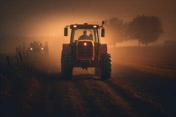 Fototapeta premium farmer in tractor with light on rides to plow a field. early morning fog in summer. Generative AI