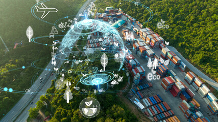 Icon representing the ecological green transportation. Cargo Container yard next the road and...