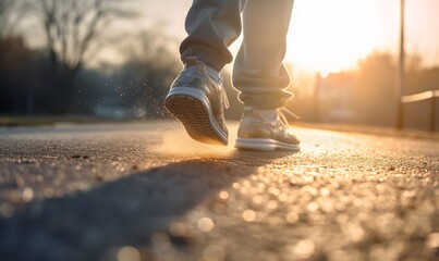 Person running on road in sun behind sneakers. Bokeh panorama, low-angle, organic, dynamic pose, soft-edged. Polished concrete adds texture to the scene. Human-canvas integration creates a sense of mo