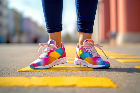 Woman's legs in colorful sneakers, urban scene, front view, Generative AI