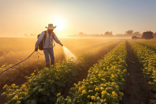farmer using a Sprayer to apply pesticides and herbicides to a field of crops at morning summer sunlight. Generative AI
