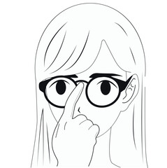 Black and white vector.Girl adjusts her glasses. Poor eyesight.