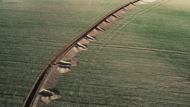 Ukrainian trench arial view on the sunset