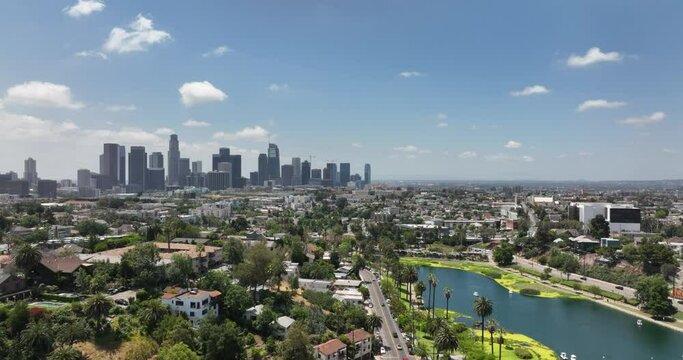 Los Angeles downtown arial fly drone, skyscrapers cityscape. Echo park. Los Angeles, USA, June 1, 2022.