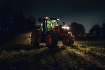 red tractor planting new crops during the night, with the machine's lights. Generative AI