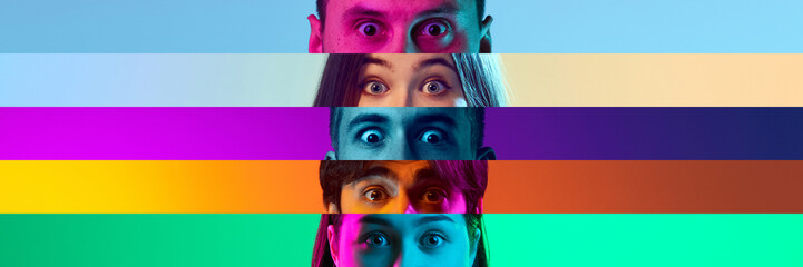 Cropped male and female horrified eyes placed on colored narrow stripes, lines over colorful background. Fear has big eyes