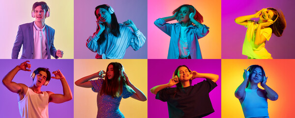 Collage of young student, men and women listening to music via headphones with pleasure over multicolored neon background. Delighted people