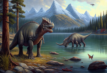 Fototapeta premium Dinosaurs by a large lake. Generative AI.