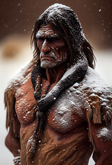 Stone age man hunting under the snow. Generative AI.