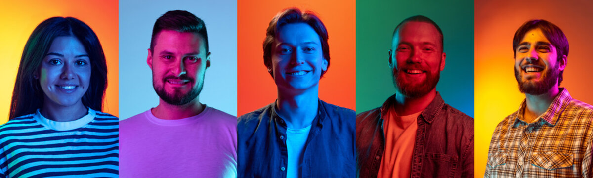 Composite image of diverse happy cheerful young student faces, male, female expressing positive emotions and smiling over multicolor background in neon light