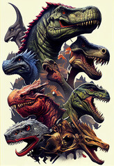 Poster with various types of dinosaurs in one set. Generative AI.