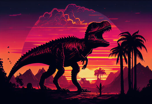 Isolated tyrannosaurus rex with warm flat color sunset. Generative AI.