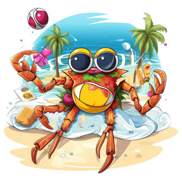 A playful summer beach T-shirt design with a cartoon crab wearing sunglasses, the crab is playing volleyball with other sea creatures, a beach party with music and colorful, Generative Ai