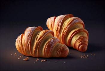 Croissants placed on a black background in authentic detail style hyper realistic. Generative AI