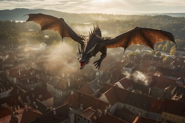 Flight of Fantasy: Majestic Dragon Soaring Over a Sunlit Medieval Cityscape, with Intricate Realism
