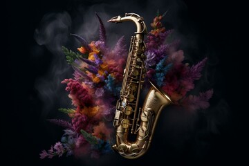 Fototapeta na wymiar Innovative saxophone merges with florals and smoke in artistic abstraction. Generative AI