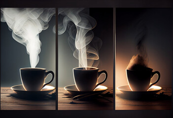 Coffee set cup of steaming coffee on wooden table background. Generative AI