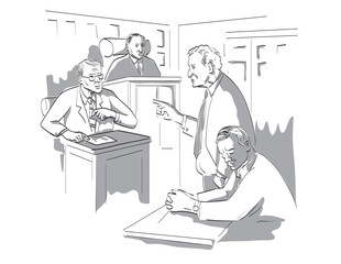 Drawing pen and ink style sketch illustration of a courtroom trial setting with judge, lawyer, defendant, plaintiff, witness and jury on a court case drama in judiciary court of law and justice.
