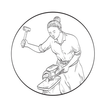 recommend clip art: Comics style drawing or illustration of a female blacksmith or farrier working on horseshoe on anvil viewed from the front on isolated background in black and white retro style.