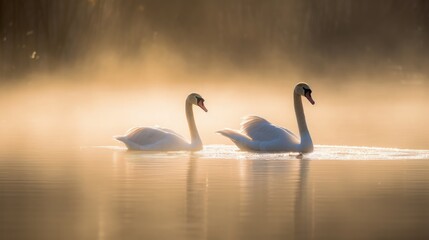 Fototapeta premium Swan couple on a lake in morning light