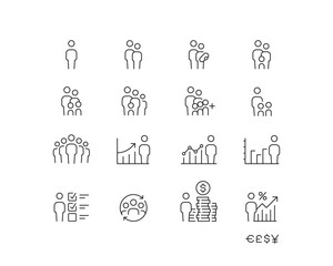 Population, Demographics Icon collection with 16 editable stroke icons. Perfect for logos, stats and infographics. Edit the thickness of the line in Adobe Illustrator (or any vector capable app). - obrazy, fototapety, plakaty