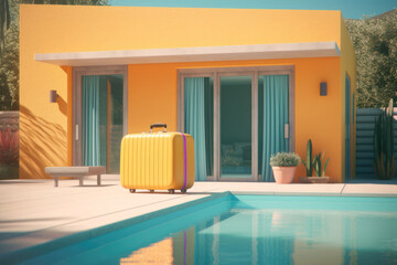 Generative AI illustration of yellow colored suitcase placed on edge near swimming pool against small house representing concept of summer journey