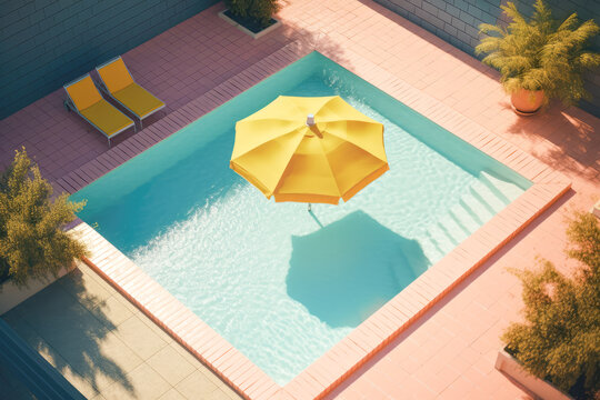 Generative AI illustration of bright yellow umbrella located in swimming pool with transparent clear water near plants representing concept of summer time
