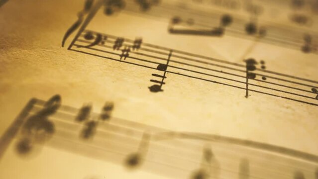 Vintage Music Partition Score Background/ 4k motion graphics of a vintage close up of old music partition notes on paper background with light wiggling and noise texture