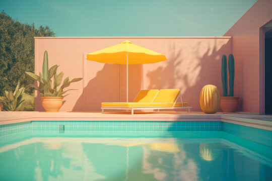 Generative AI illustration of bright lounge zone with sunbed and yellow umbrella placed on edge near swimming pool and potted plants representing concept of summer vacation