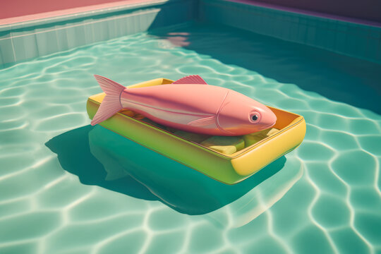 Generative AI illustration of bright pink fish and yellow inflatable tube floating on transparent water of swimming pool representing concept of summer vacation