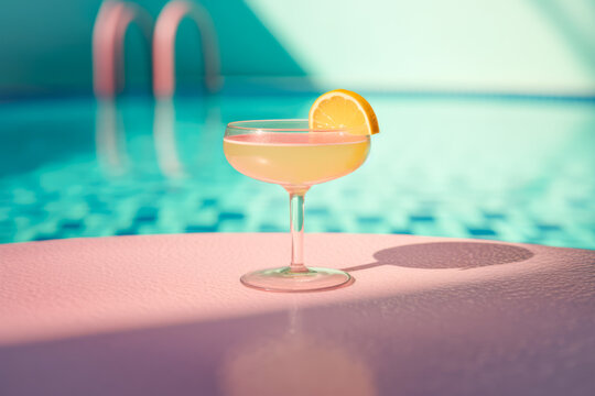 Generative AI illustration of transparent glass of refreshing cocktail with lemon slice placed on poolside against clear blue water in swimming pool representing concept of summer vacation