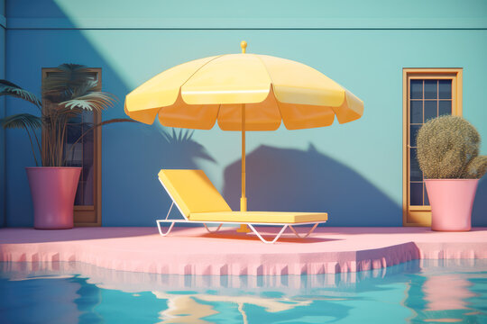 Generative AI illustration of bright lounge zone with sunbed and umbrella placed on edge near swimming pool and potted plants representing concept of summer vacation
