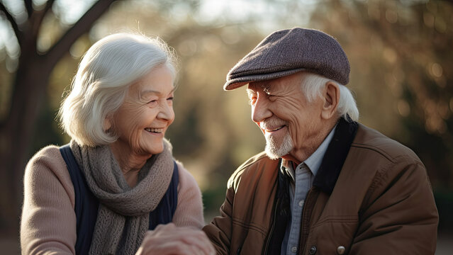 Generative AI image of a portrait of a smiling elderly couple holding hands and looking at each other, as they relax in a garden against a blurred illuminated background