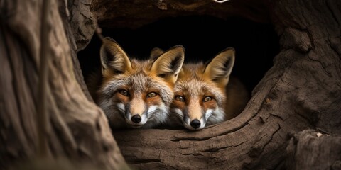 A pair of foxes snuggling together in a den beneath a tree, concept of Cuddling behavior in animals, created with Generative AI technology - obrazy, fototapety, plakaty