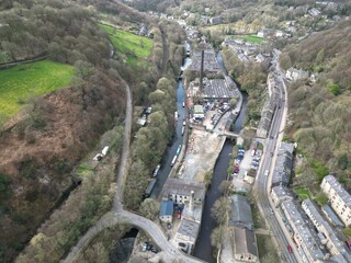 Aerial view of Hebden Bridge with views of the town and surrounding countryside. Hebden Bridge Yorkshire England. 