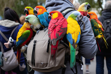 Generative AI illustration of multicolored parrots with colorful plumage and pointed beak sitting on back of man with backpack in park with back view of group of people on sunny day