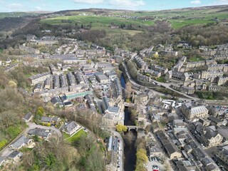 Aerial view of Hebden Bridge with views of the town and surrounding countryside. Hebden Bridge Yorkshire England. 