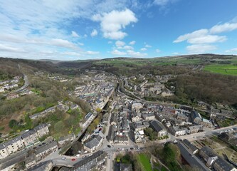 Aerial view of Hebden Bridge with views of the town and surrounding countryside. Hebden Bridge Yorkshire England. 