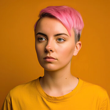 Generative AI colorful illustration of concentrated female fashion model with short pink hair in casual clothes pondering and looking away against yellow background