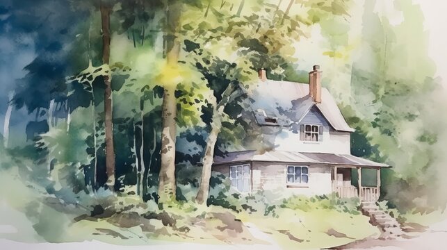 Light Watercolor Cottage in the Woods