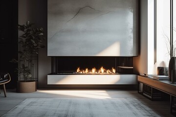 Modern fireplace in minimalist living space with white walls. Interior design. Generative AI