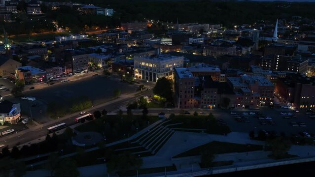 Night aerial time lapse of downtown Troy, New York