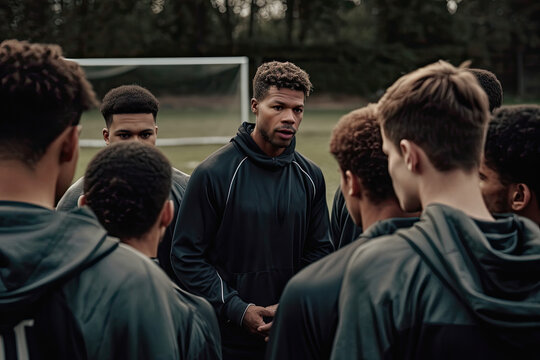 Generative AI illustration of group of young male footballers in sportswear standing on football field and having talk while looking at each other