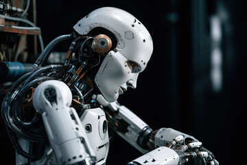 Generative AI futuristic illustration of side view of cyborg fantasy character with gray metal parts and wires thinking and looking away