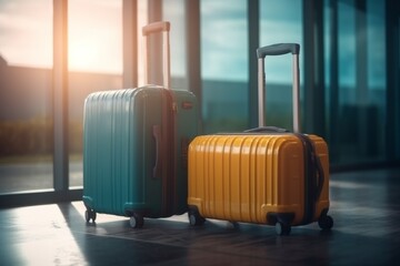 terminal air business departure transportation bag baggage suitcase travel flight. Generative AI.